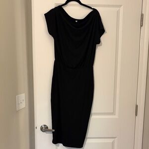 Black Draped Ribbed Midi Dress